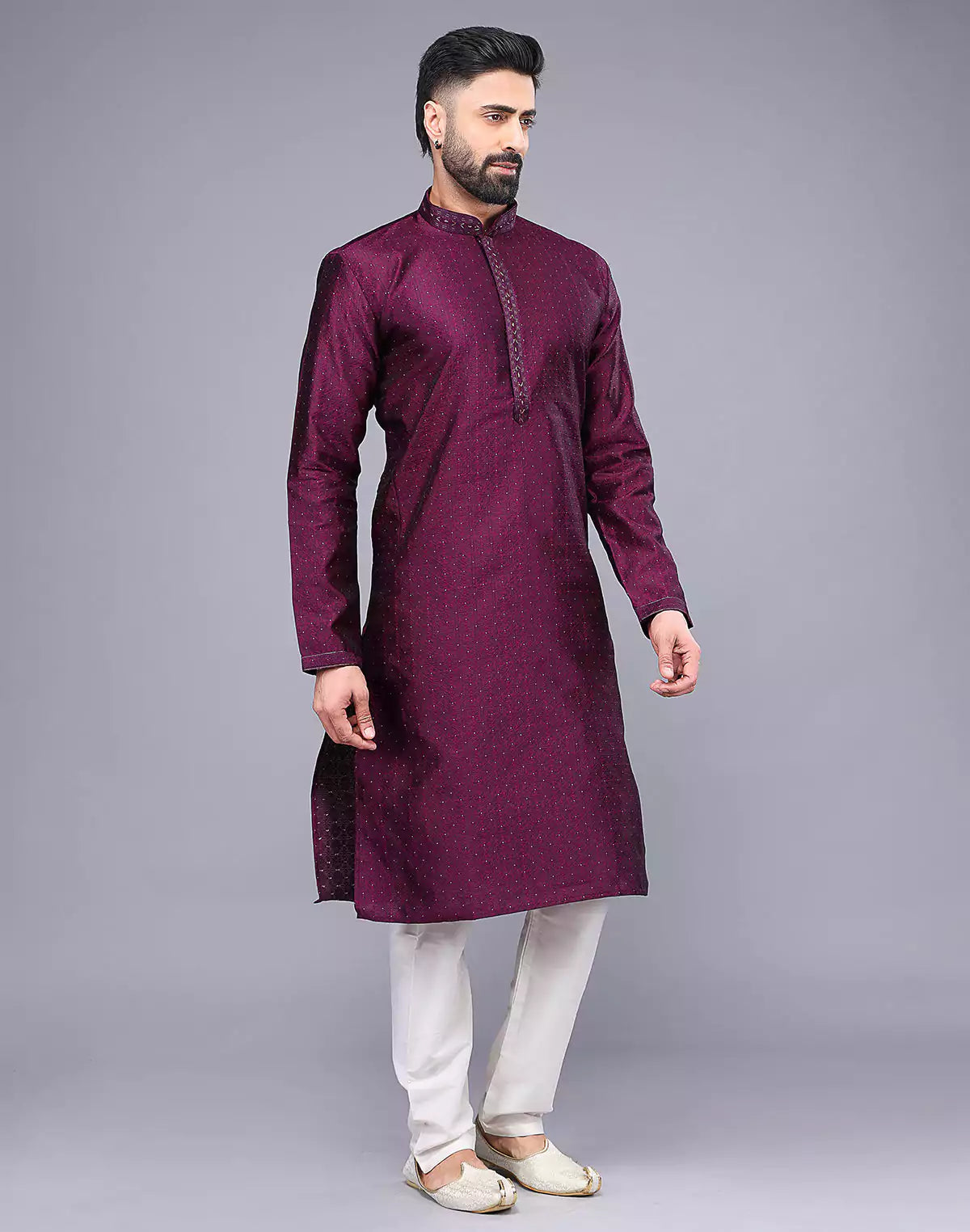 Purple Floral Design Thread Embroidery Work Soft Silk Kurta Set