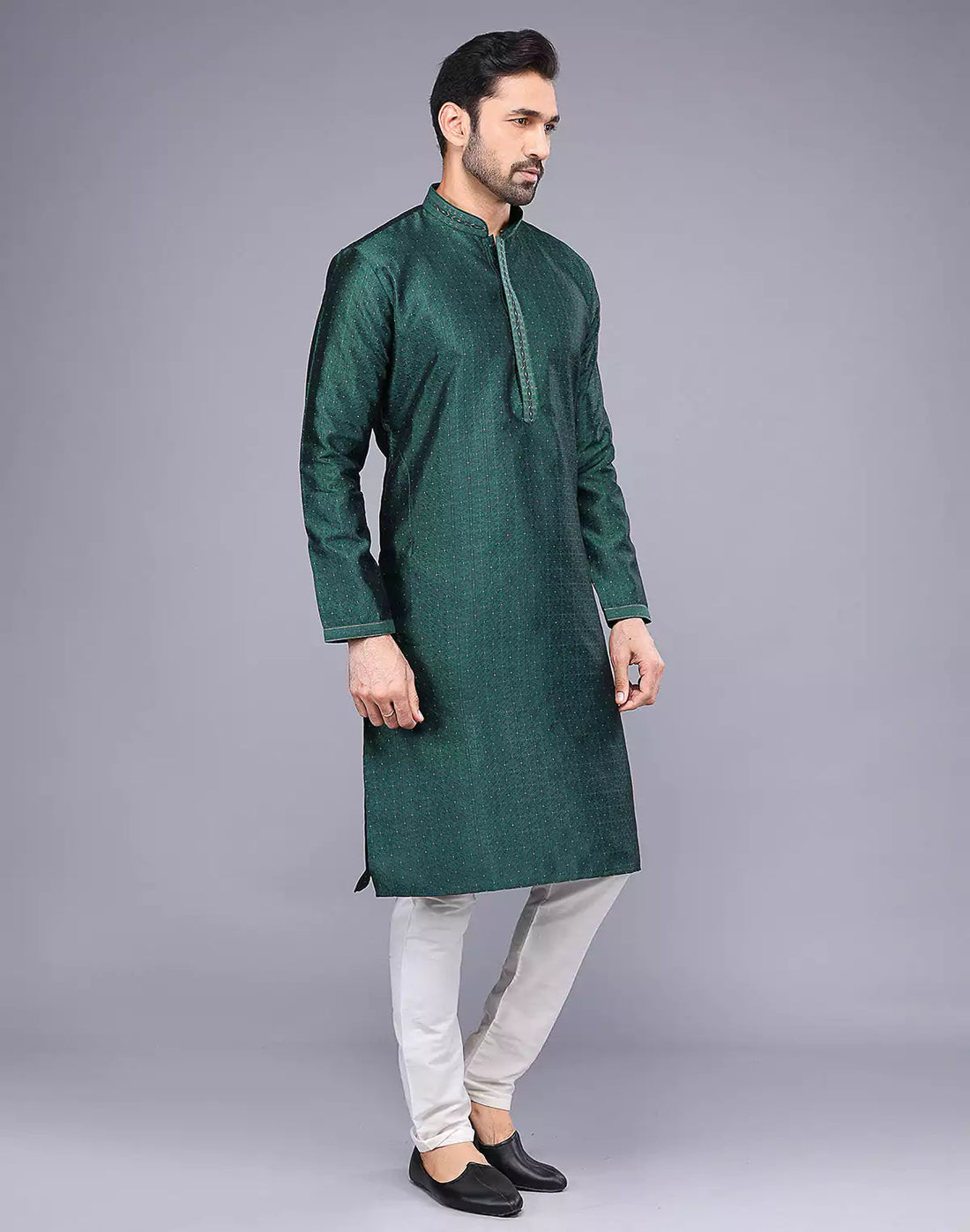 Floral Thread Embroidery Work Soft Silk Kurta Set in Rama Green