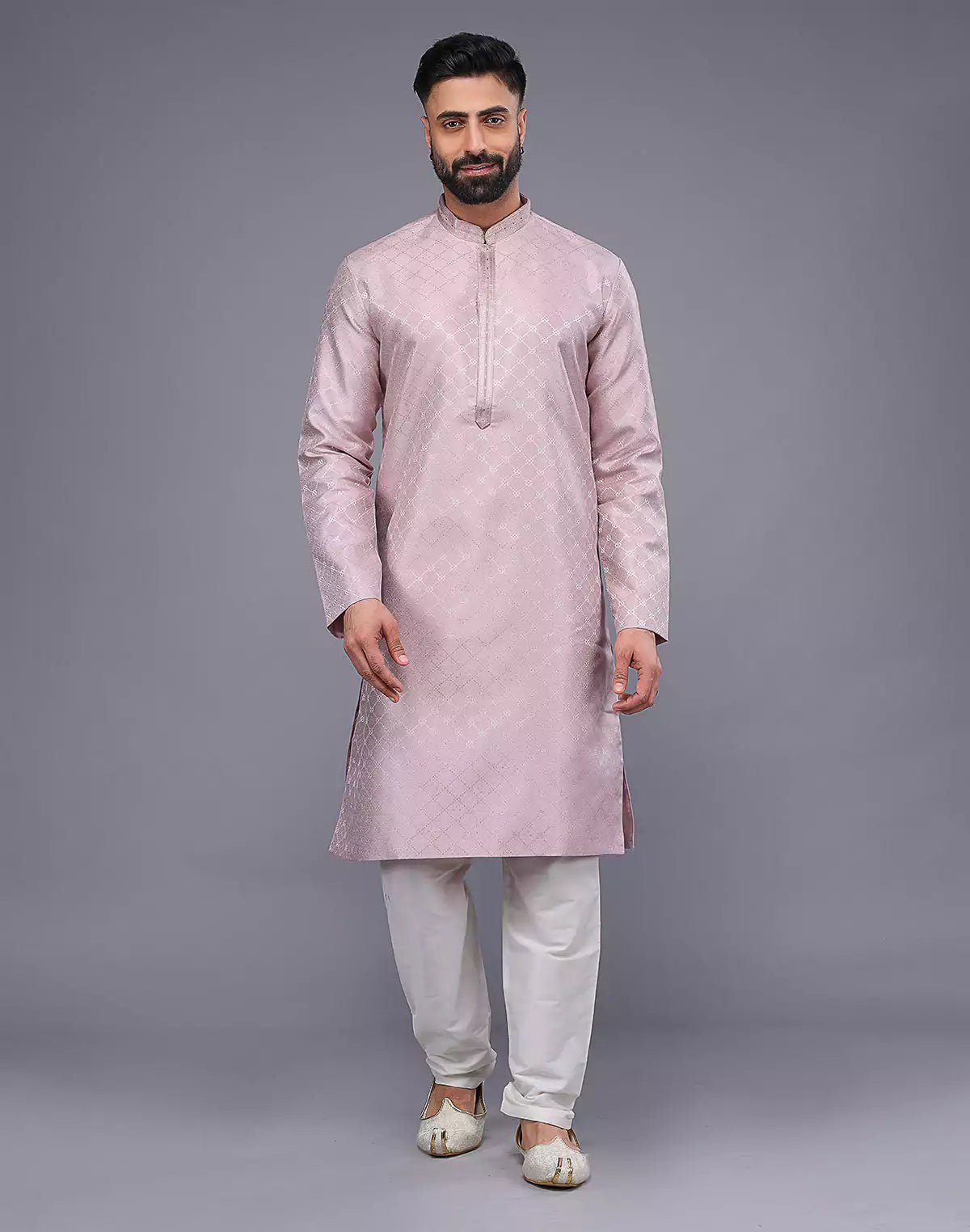 Onion Coloured Mica Print and Thread work Soft Silk Kurta Set