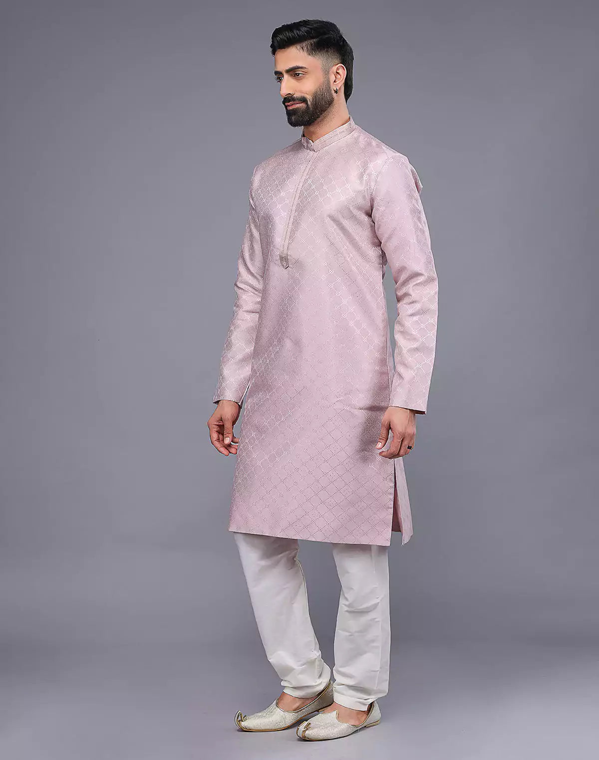 Onion Coloured Mica Print and Thread work Soft Silk Kurta Set