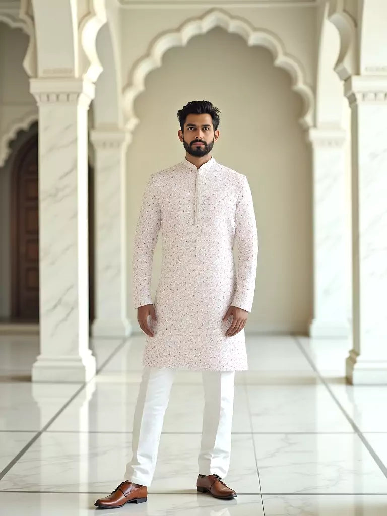 Floral Thread Embroidered Georgette Kurta Set in Cream