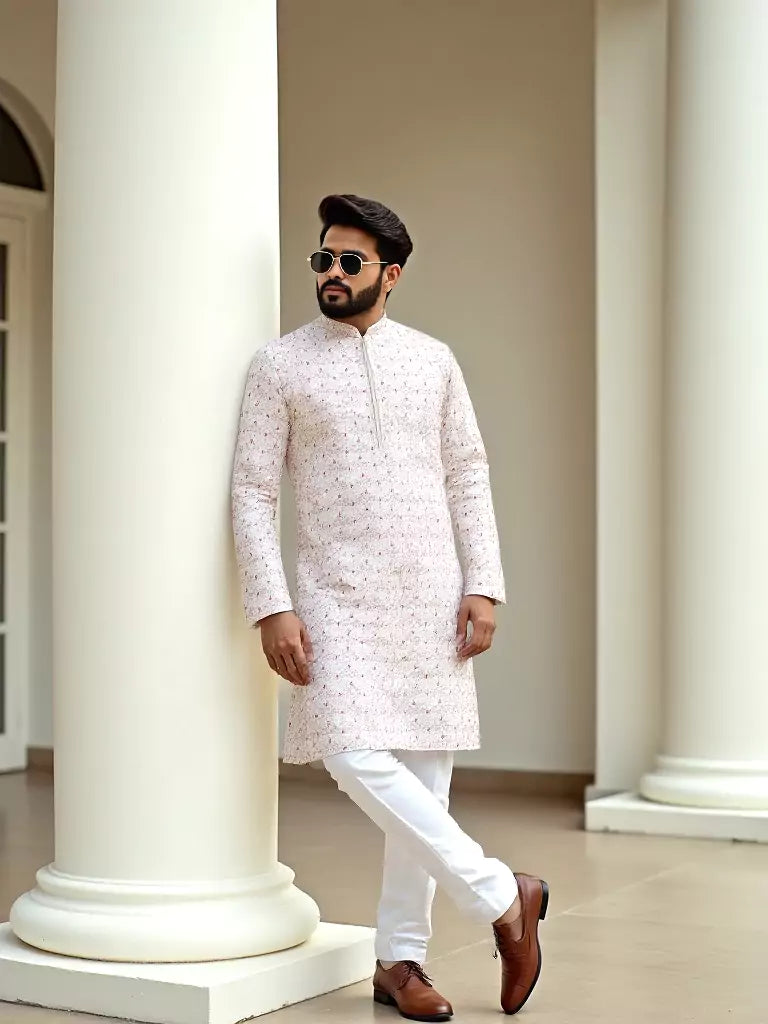 Floral Thread Embroidered Georgette Kurta Set in Cream
