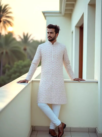 Floral Thread Embroidered Georgette Kurta Set in Cream