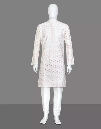 Floral Thread Embroidered Georgette Kurta Set in Cream