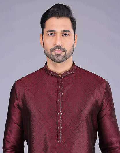 All Over Self Floral Design Maroon Soft Silk Kurta Pajama