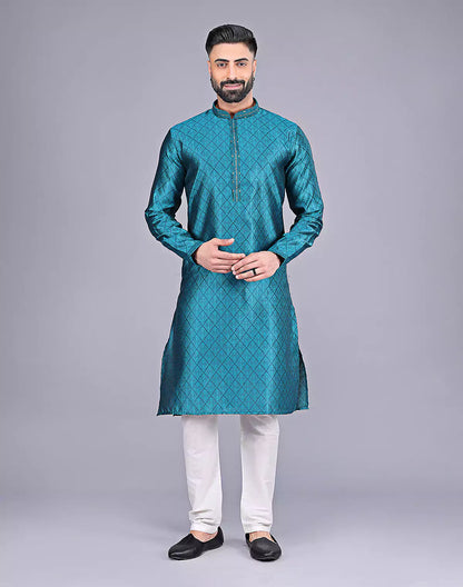 Stylish Rama Blue Self Floral Design Soft Silk Kurta Pajama
