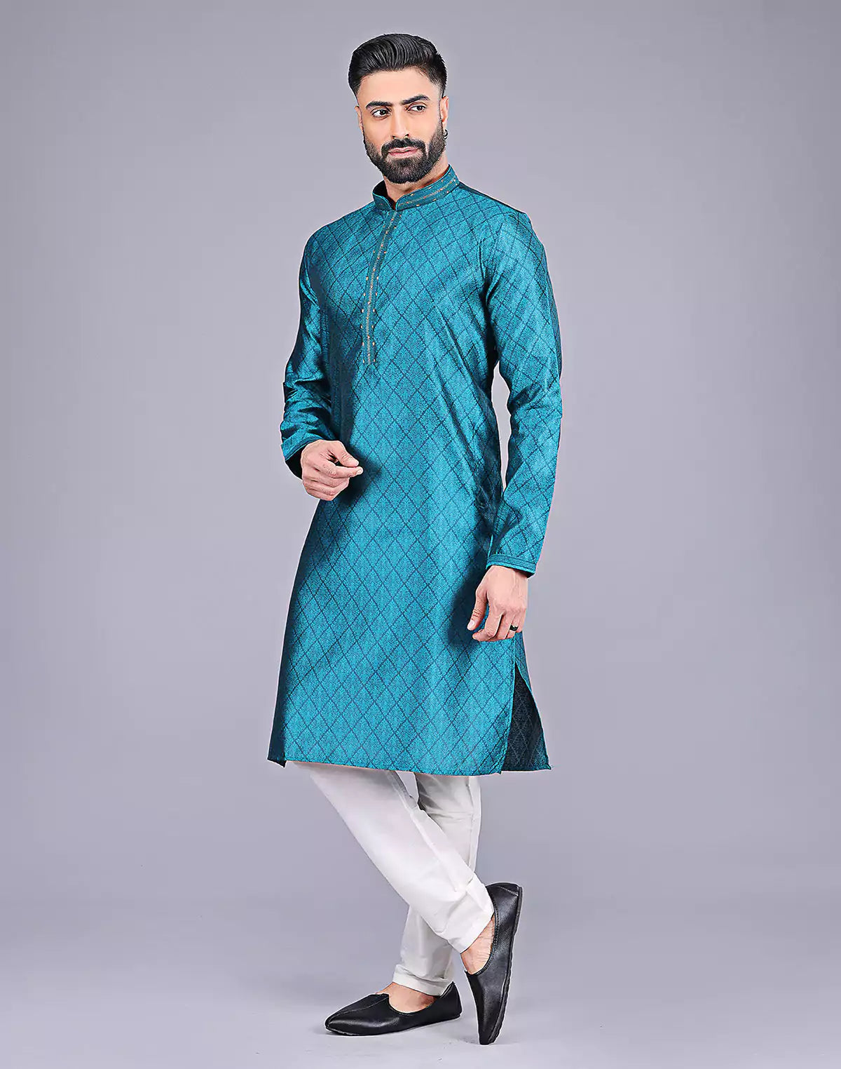 Stylish Rama Blue Self Floral Design Soft Silk Kurta Pajama