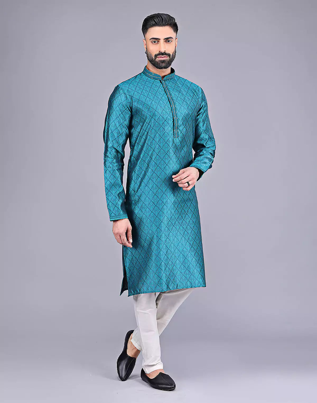 Stylish Rama Blue Self Floral Design Soft Silk Kurta Pajama