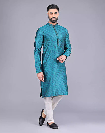 Stylish Rama Blue Self Floral Design Soft Silk Kurta Pajama