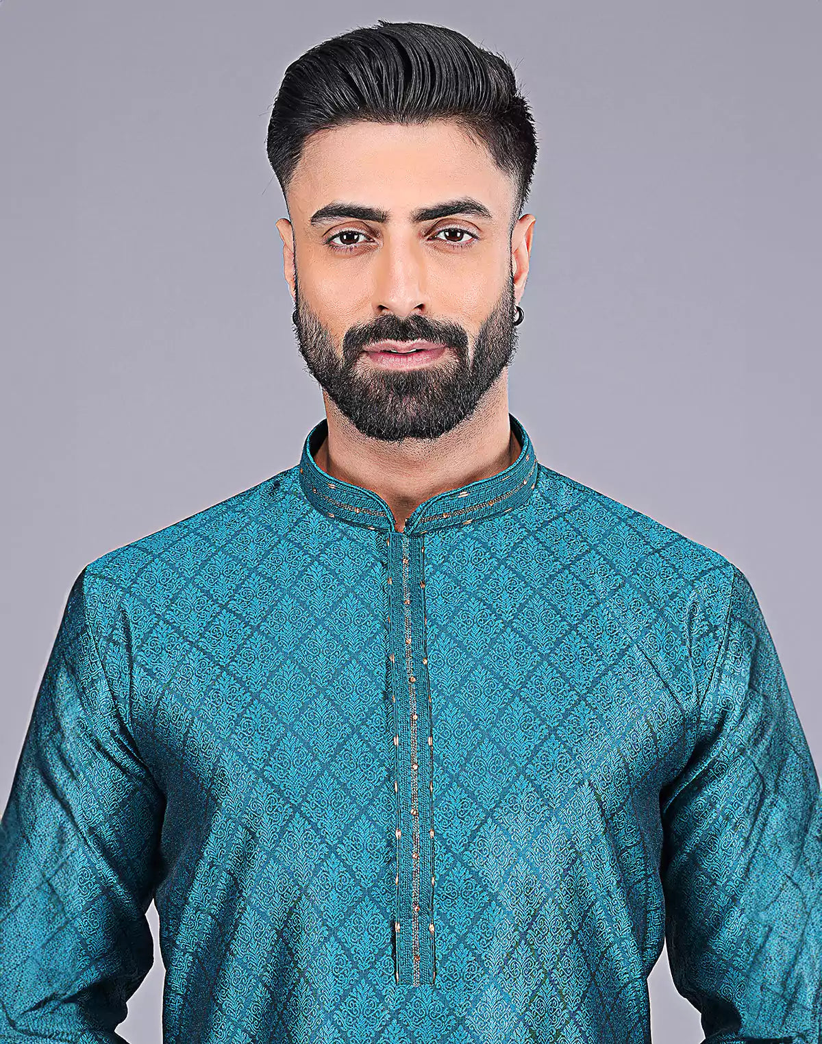 Stylish Rama Blue Self Floral Design Soft Silk Kurta Pajama