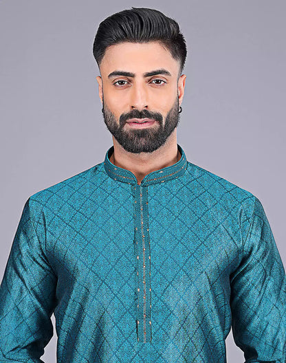 Stylish Rama Blue Self Floral Design Soft Silk Kurta Pajama
