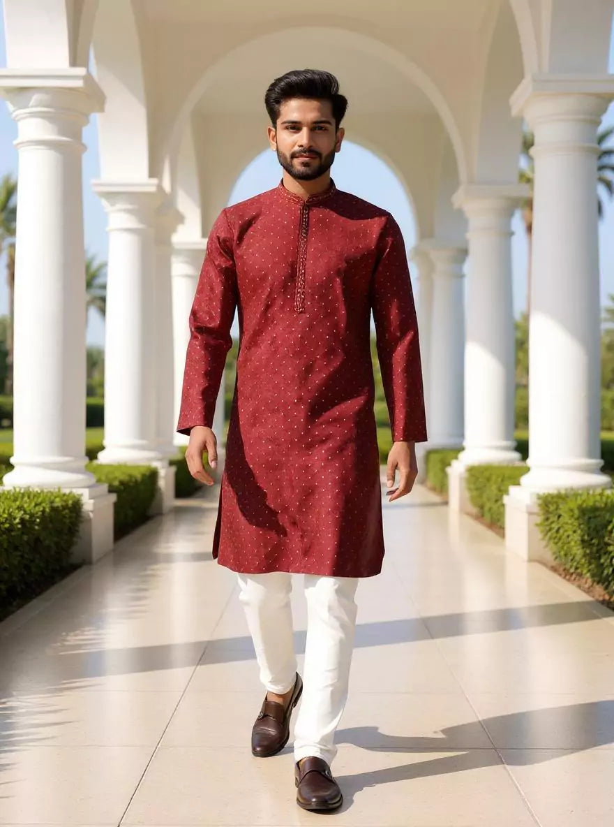 Maroon Self Weaving Jacquard Kurta Pajama Set