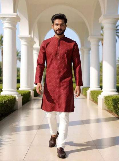 Maroon Self Weaving Jacquard Kurta Pajama Set