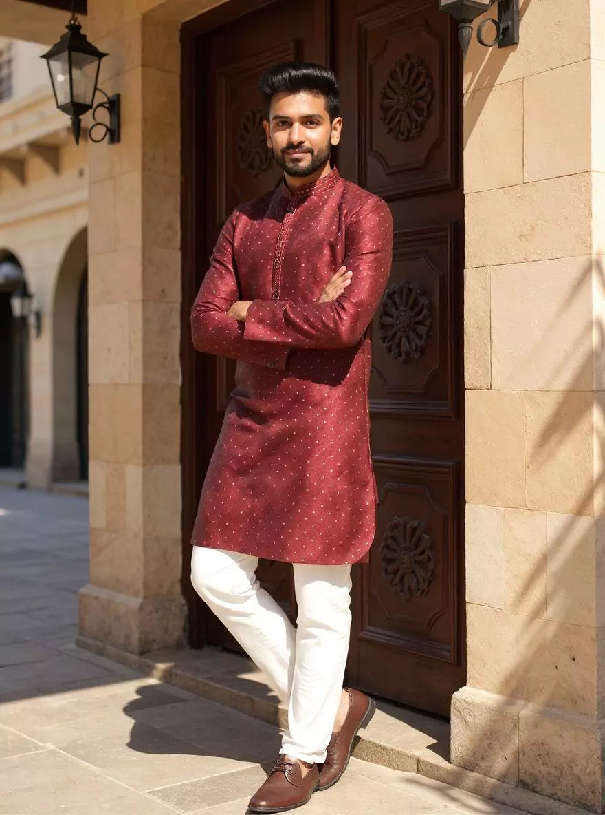 Maroon Self Weaving Jacquard Kurta Pajama Set