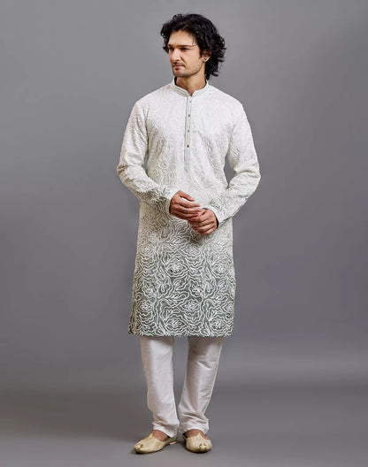 Off White Floral Thread work Cotton Silk Kurta Pyjama Set