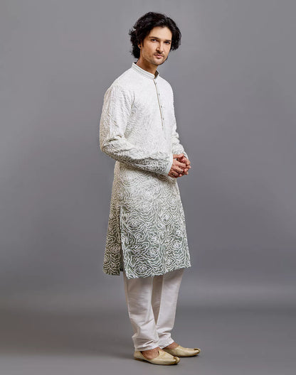 Off White Floral Thread work Cotton Silk Kurta Pyjama Set