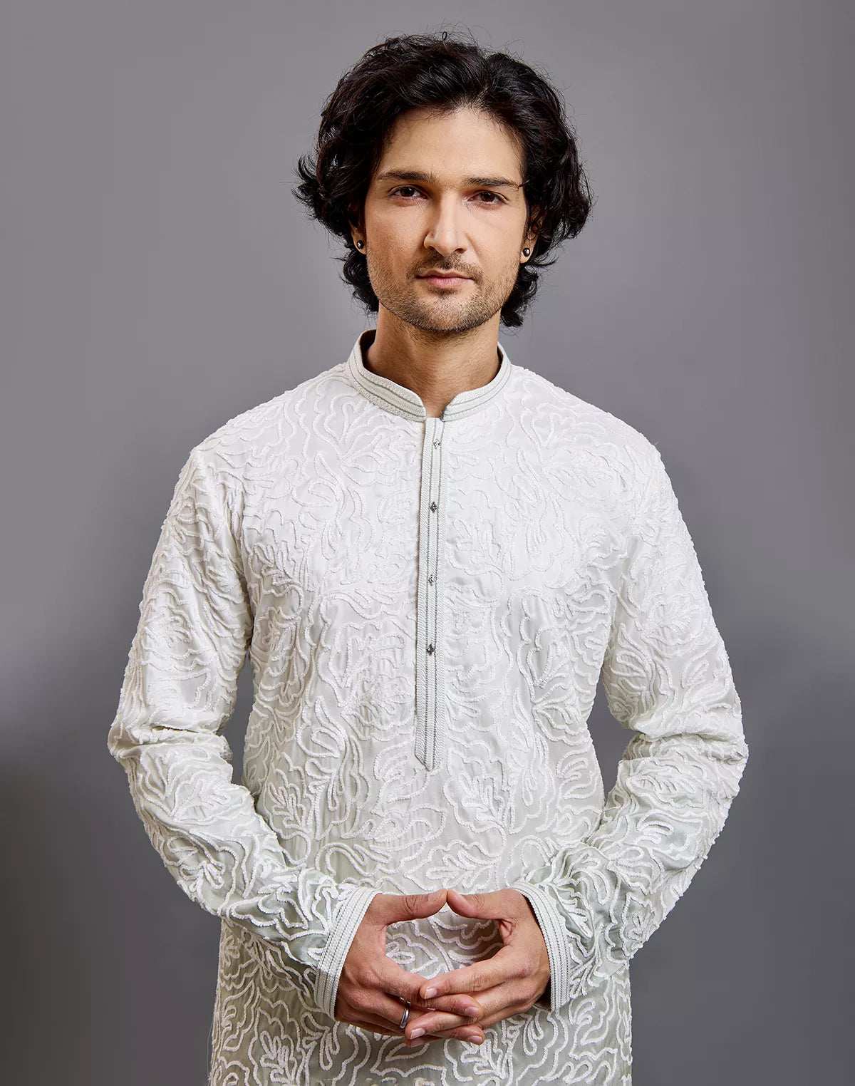 Off White Floral Thread work Cotton Silk Kurta Pyjama Set