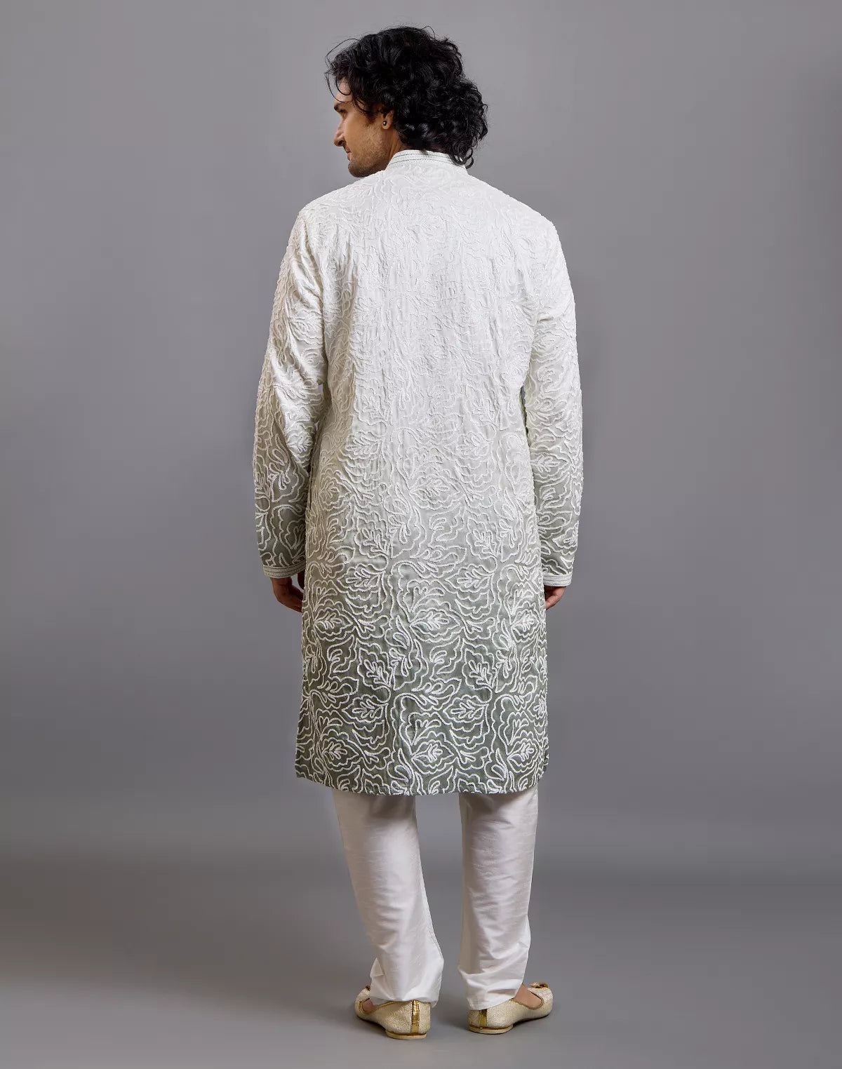 Off White Floral Thread work Cotton Silk Kurta Pyjama Set