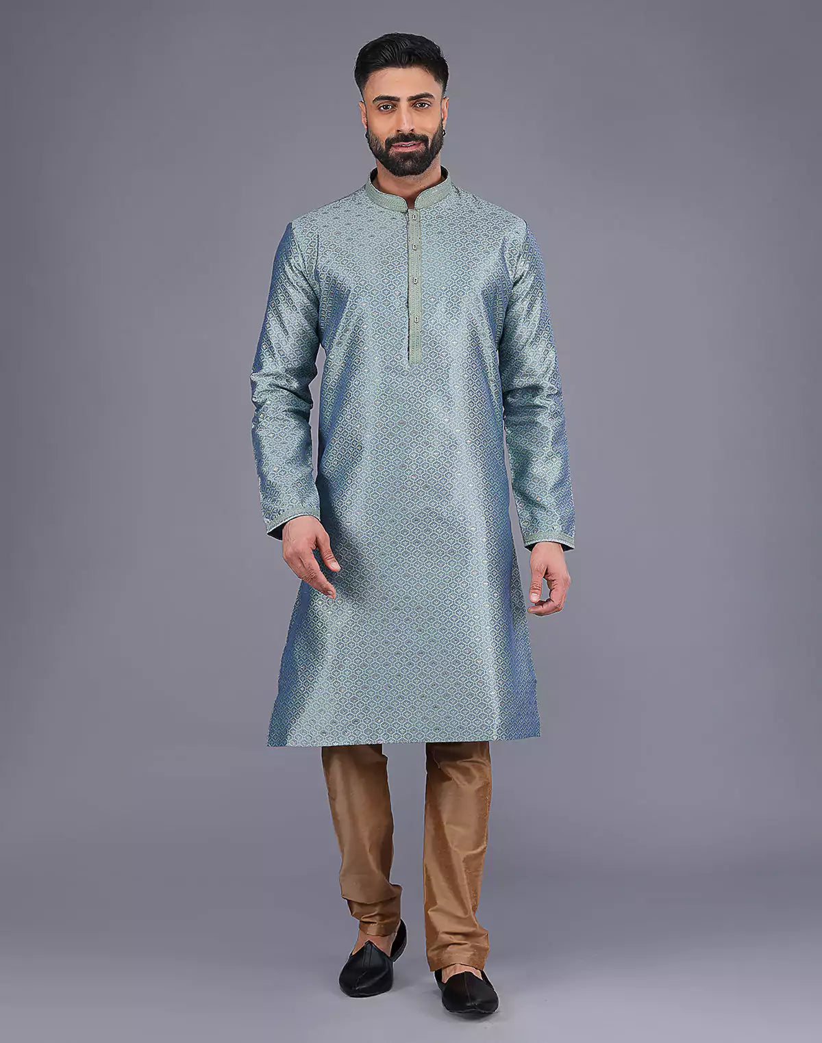 Pista Self Bootis and Weaving Soft Silk Kurta Set