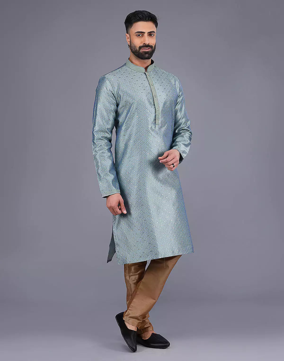 Pista Self Bootis and Weaving Soft Silk Kurta Set