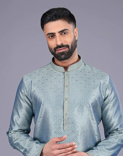 Pista Self Bootis and Weaving Soft Silk Kurta Set