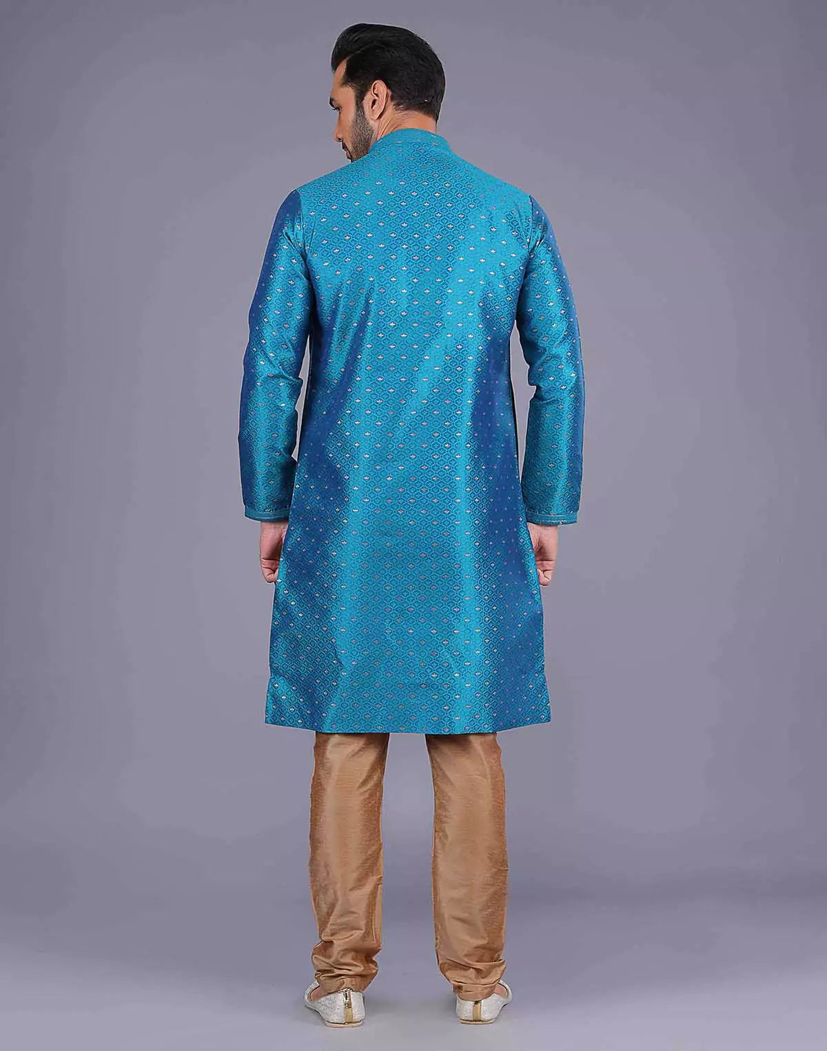 All Over Self Bootis and Weaving Teal Blue Soft Silk Kurta Set