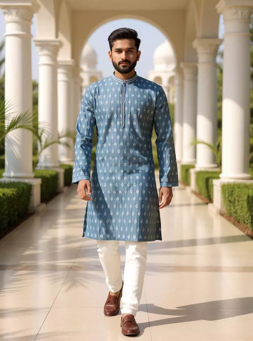 Floral Motifs Cotton Silk Grey Kurta Pyjama Set