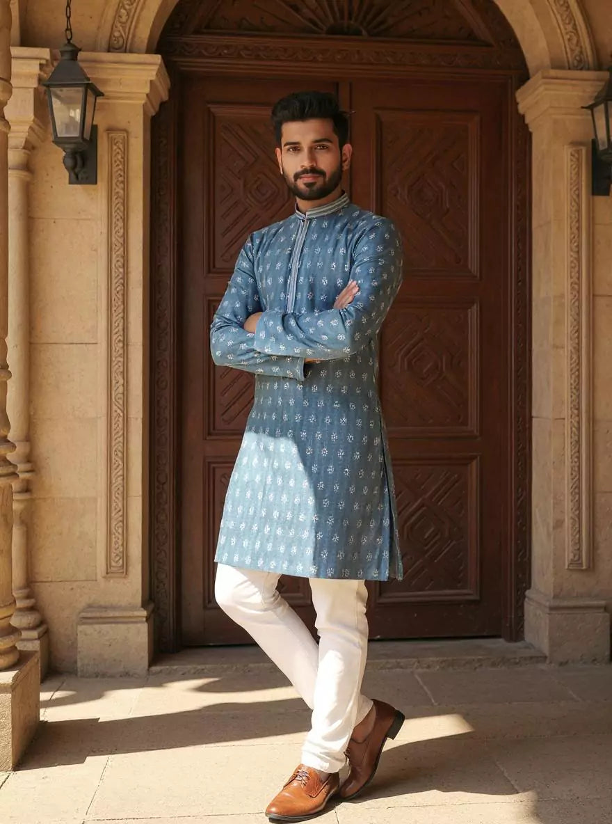 Floral Motifs Cotton Silk Grey Kurta Pyjama Set