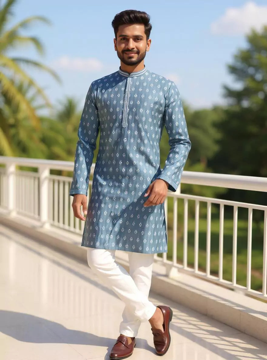 Floral Motifs Cotton Silk Grey Kurta Pyjama Set