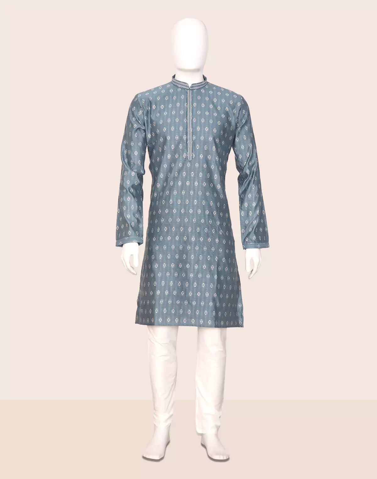 Floral Motifs Cotton Silk Grey Kurta Pyjama Set