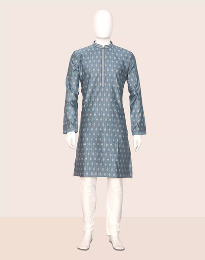 Floral Motifs Cotton Silk Grey Kurta Pyjama Set