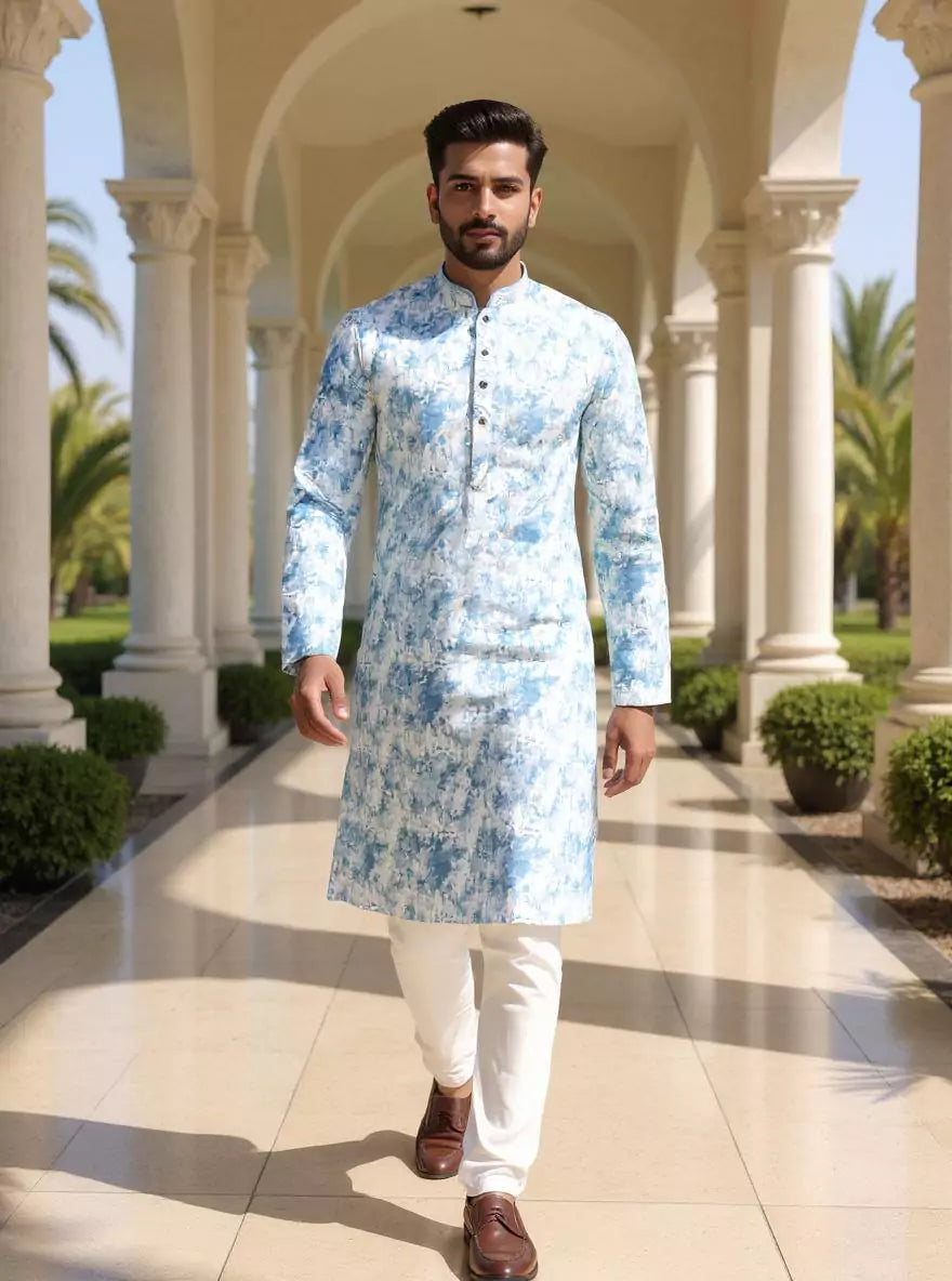 Silver Coloured Digital Print Giza Cotton Kurta Pyjama