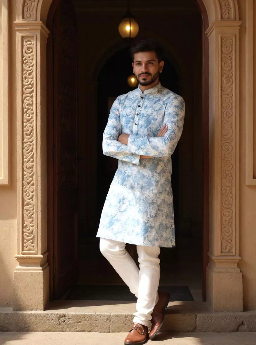 Silver Coloured Digital Print Giza Cotton Kurta Pyjama