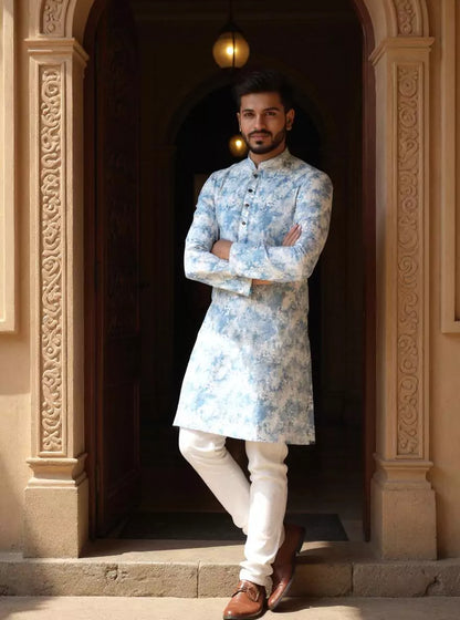 Silver Coloured Digital Print Giza Cotton Kurta Pyjama