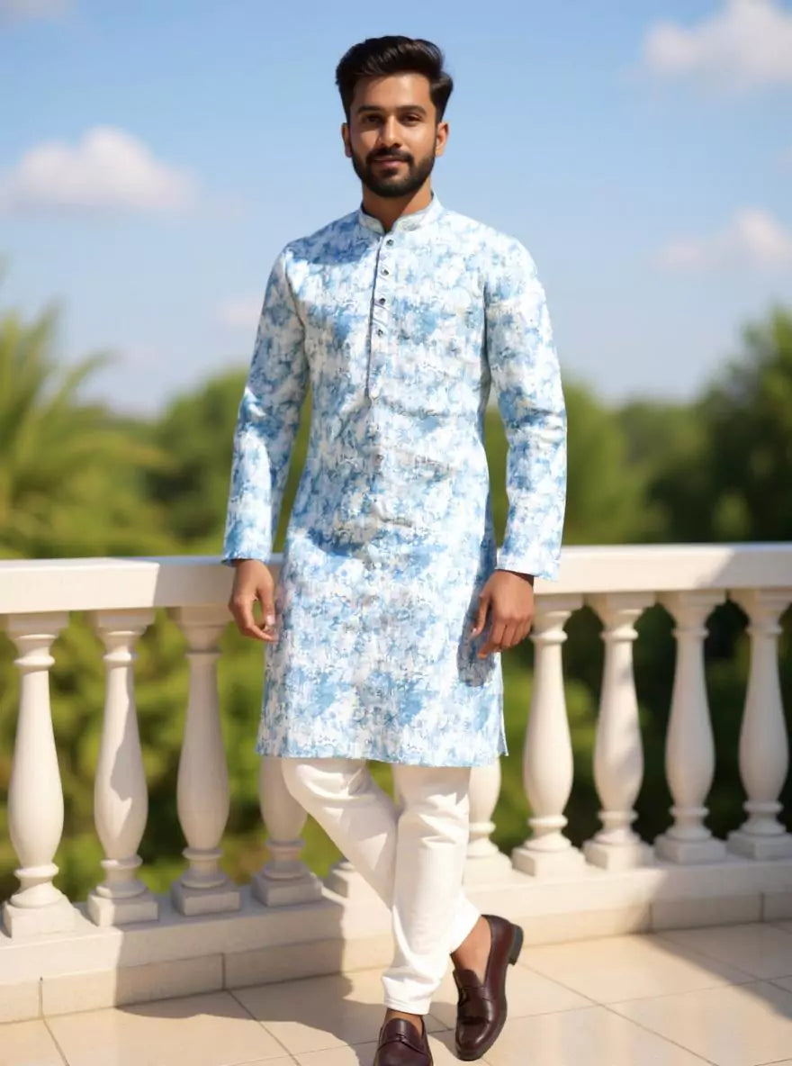 Silver Coloured Digital Print Giza Cotton Kurta Pyjama
