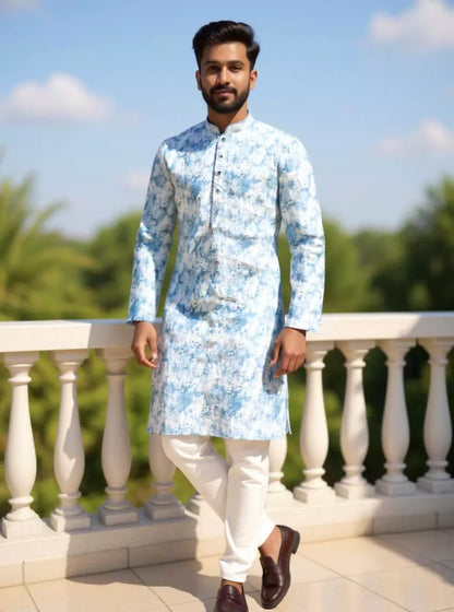 Silver Coloured Digital Print Giza Cotton Kurta Pyjama