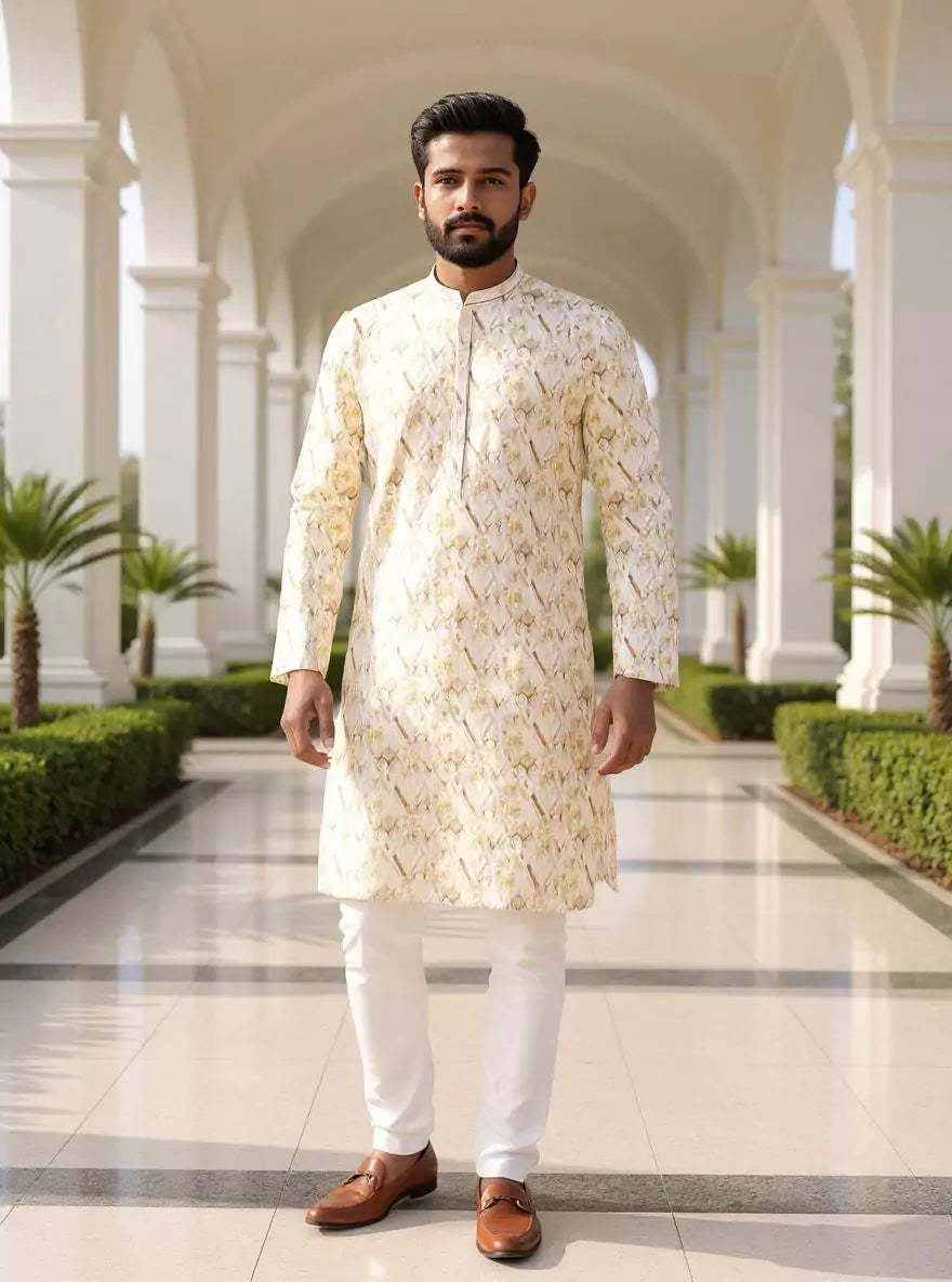 Floral Printed Cotton Kurta Pyjama in Lemon
