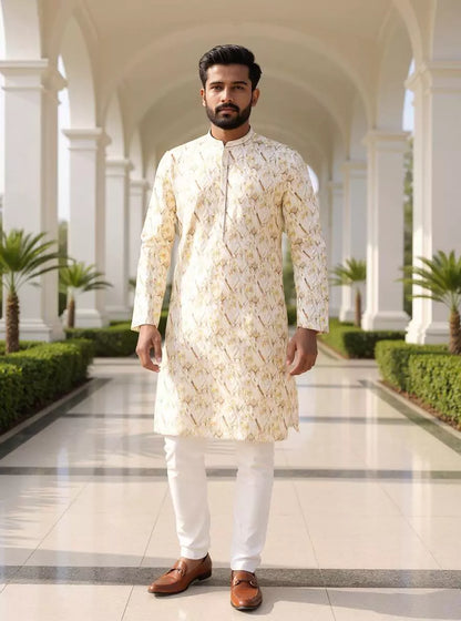 Floral Printed Cotton Kurta Pyjama in Lemon