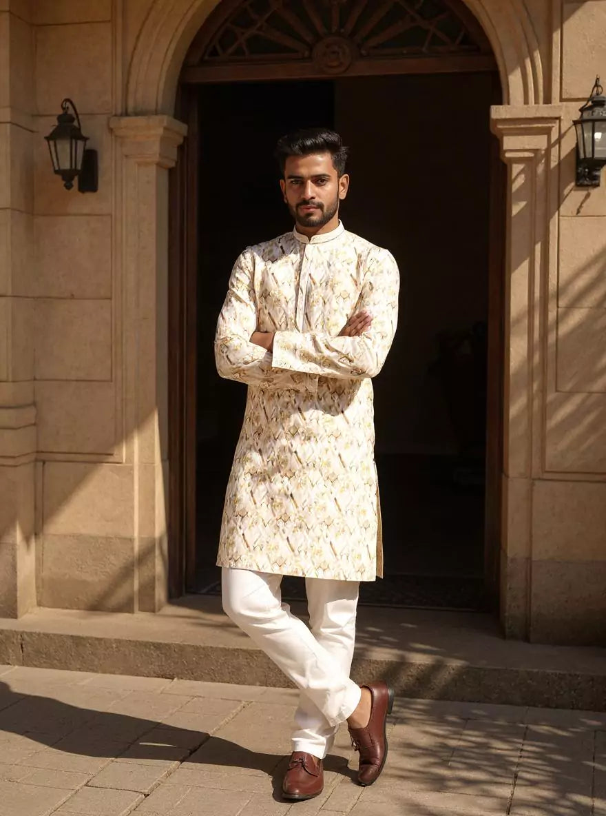 Floral Printed Cotton Kurta Pyjama in Lemon