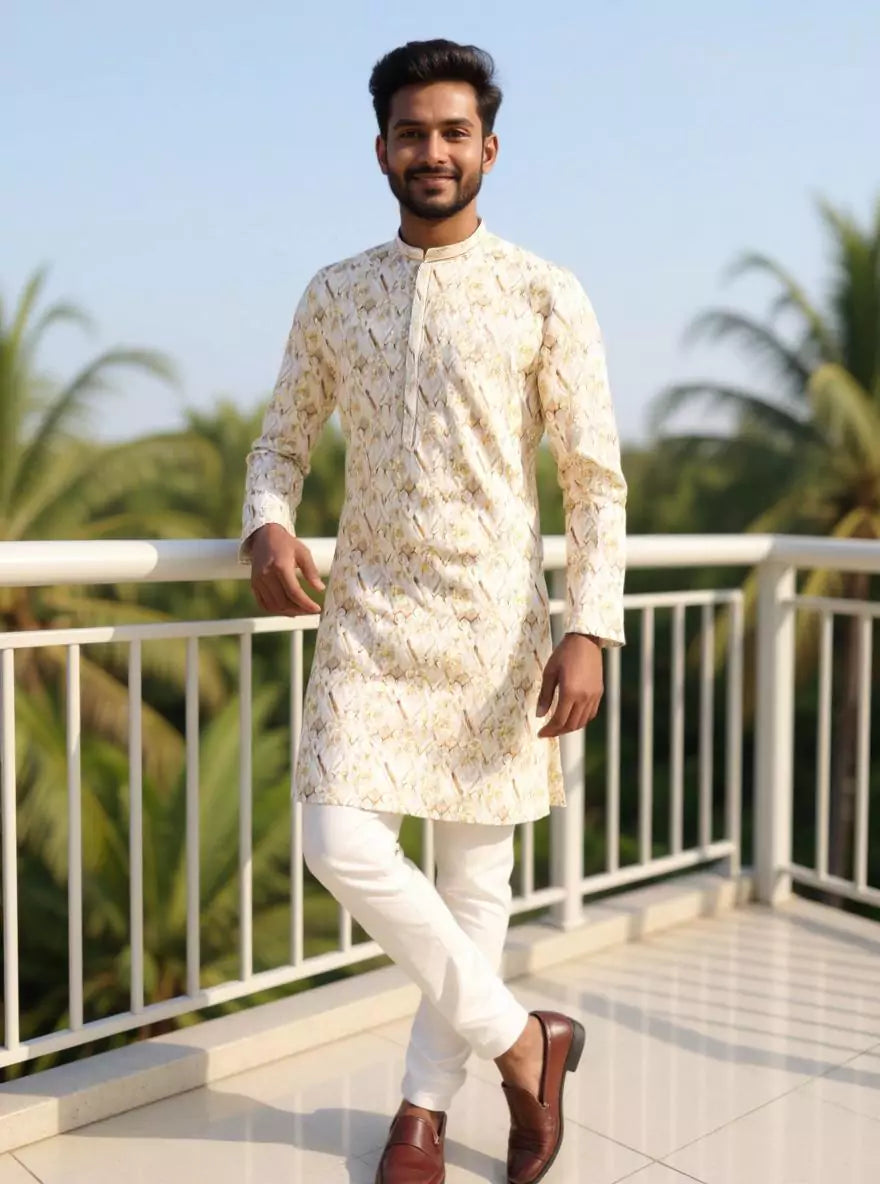 Floral Printed Cotton Kurta Pyjama in Lemon