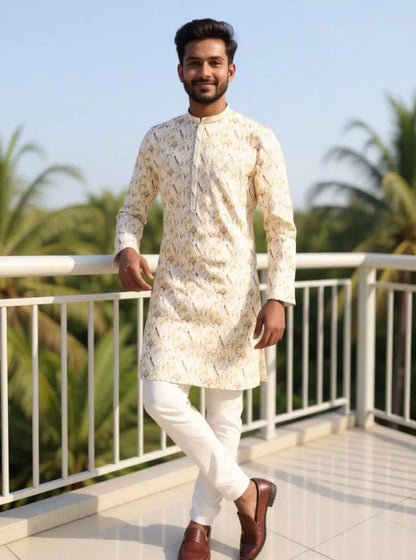Floral Printed Cotton Kurta Pyjama in Lemon