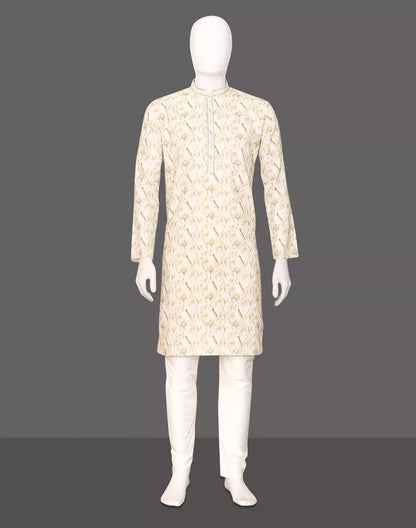 Floral Printed Cotton Kurta Pyjama in Lemon