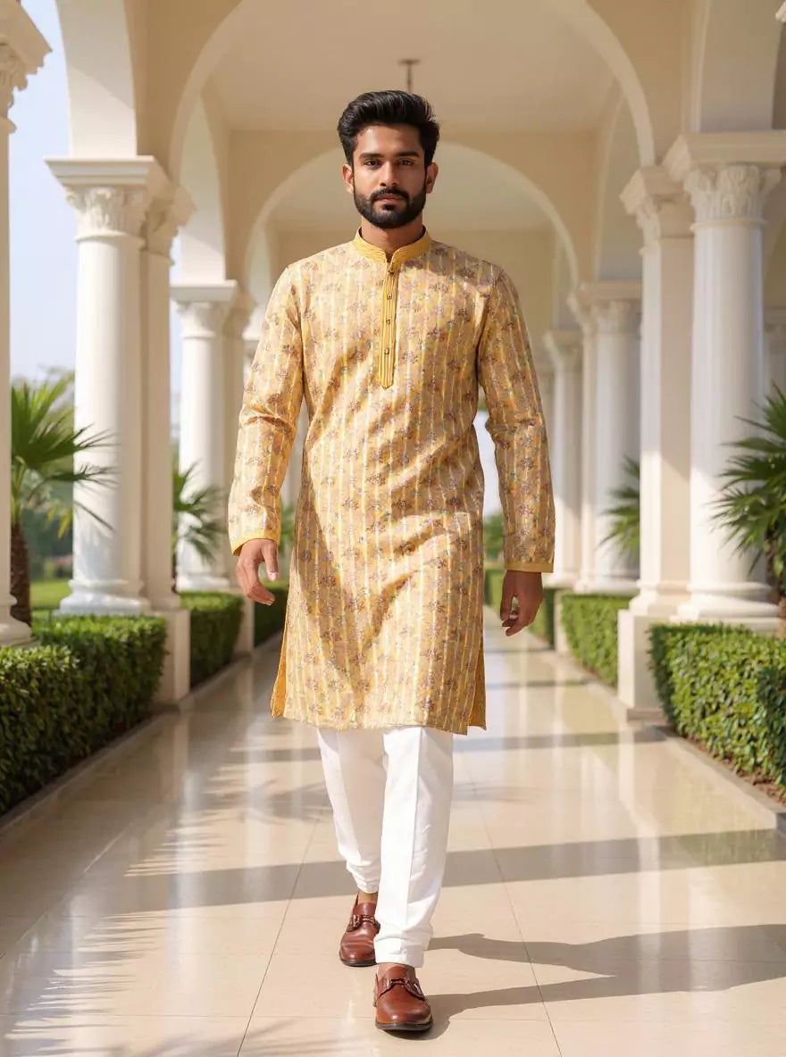 Light Yellow Floral Printed Cotton Silk Kurta Pajama