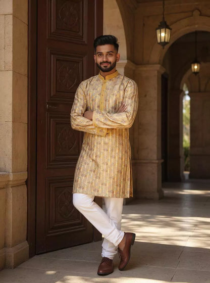 Light Yellow Floral Printed Cotton Silk Kurta Pajama