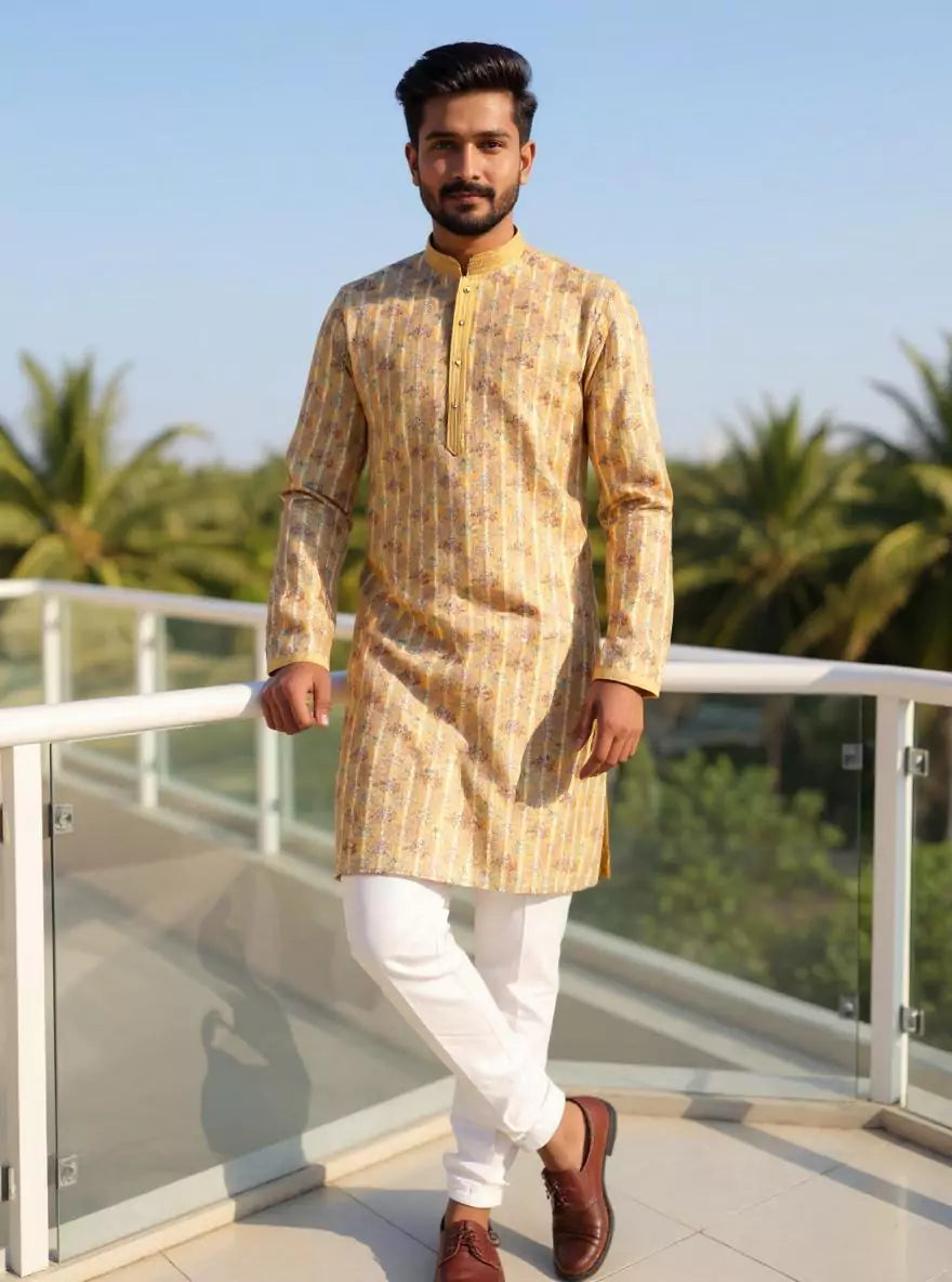 Light Yellow Floral Printed Cotton Silk Kurta Pajama
