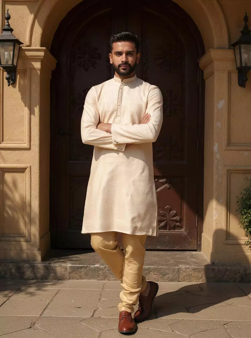 Cream Checks with Butta Jacquard Kurta Pajama