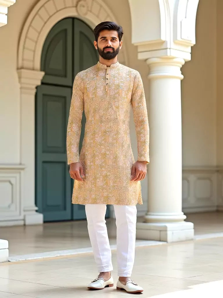 Cotton All Over Bel Buti Patterned Corn Yellow Kurta Pyjama Set