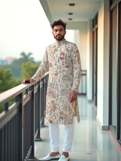 Floral Motifs with Animal Print Fawn Colour Kurta Pyjama