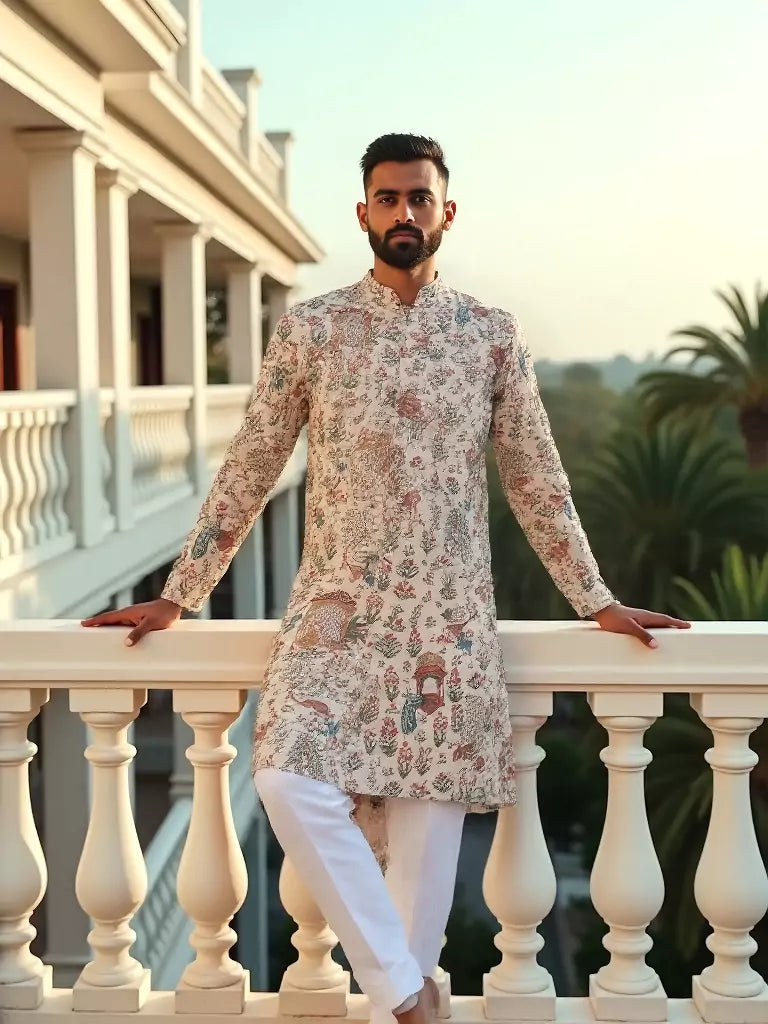 Floral Motifs with Animal Print Fawn Colour Kurta Pyjama