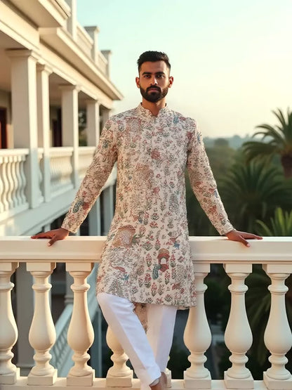 Floral Motifs with Animal Print Fawn Colour Kurta Pyjama